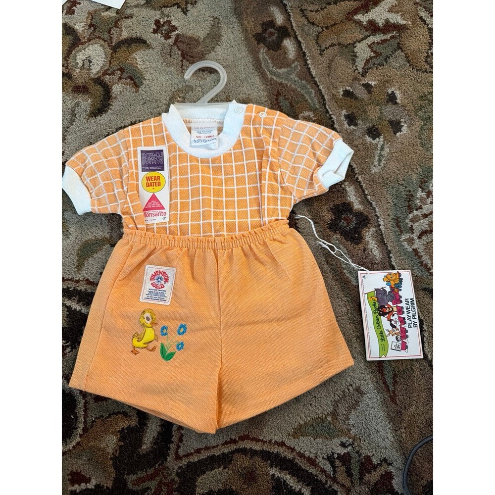 Playwear by Pilgrim 1970s dead stock kids outfit size 18 months orange grid duck